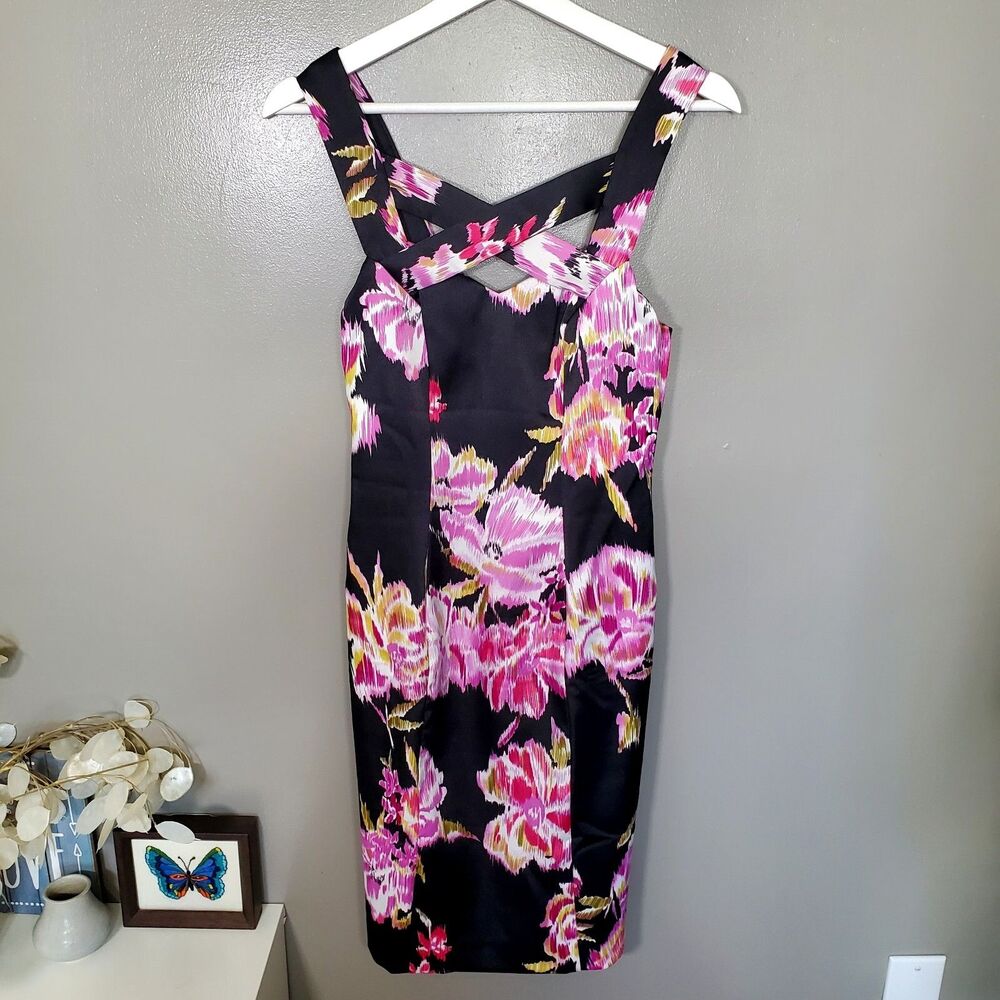 Cache Dress Womens Size 2 Peek A Boo Front Criss Cross Black Purple Floral READ
